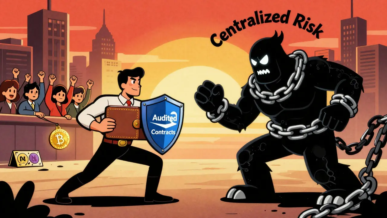 A heroic wallet fighting a chain monster while users cheer, with CAKE token glowing as a medal under blockchain towers.