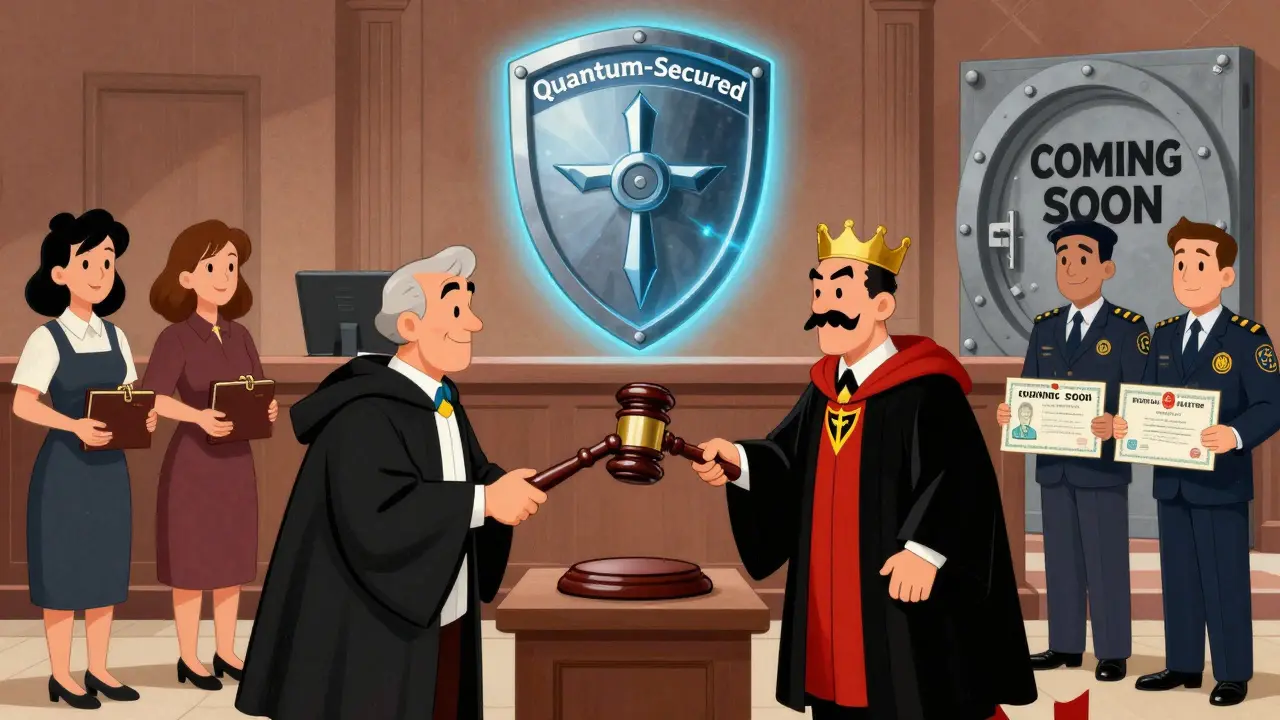 A judge sentences a scammer in court as regulators hold licenses, with a secured quantum wallet locked in a vault labeled 'COMING SOON'.