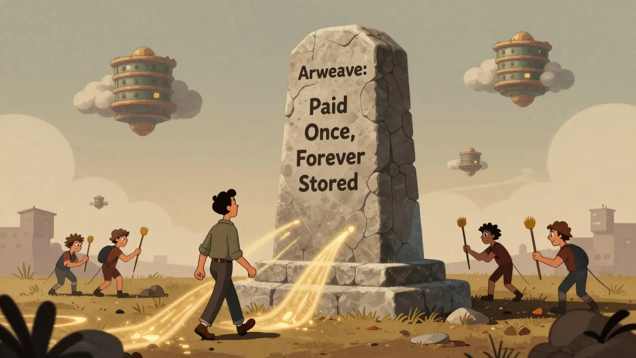 A lone figure walking away from a glowing stone monument labeled 'Arweave Forever', symbolizing permanent storage.