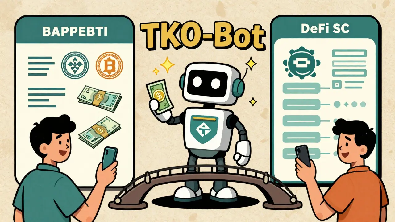 A robot mascot stands on a bridge connecting centralized and decentralized finance, converting rupiah to crypto with sparkles.
