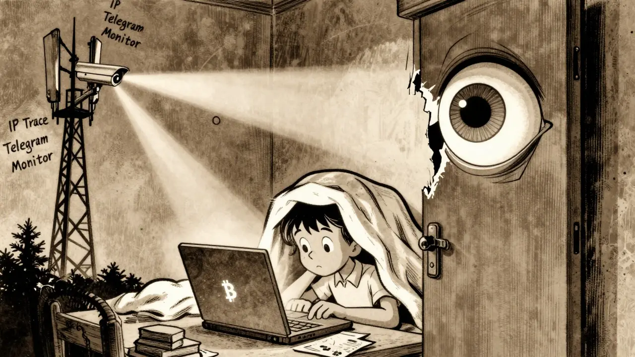 A student hides a laptop under a blanket while a surveillance eye peers through the door.