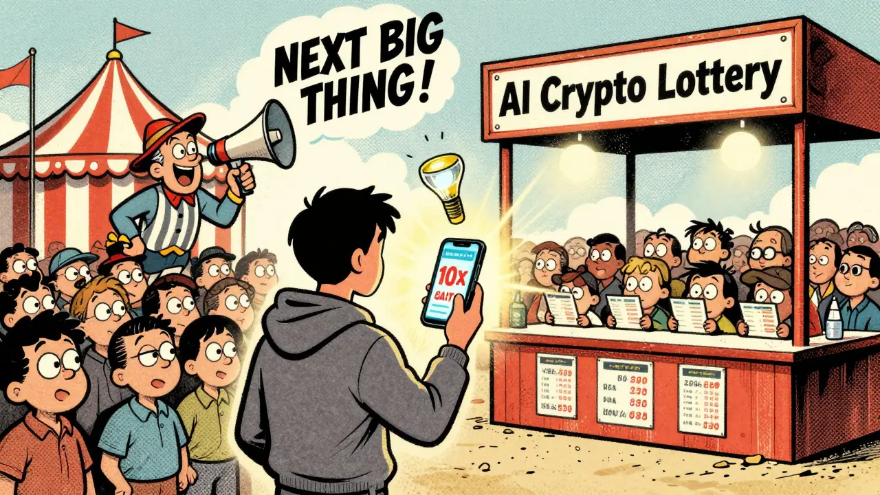 A trader stares at a fake 10x gain on their phone as a carnival barker offers a flashlight with no batteries as a prize.