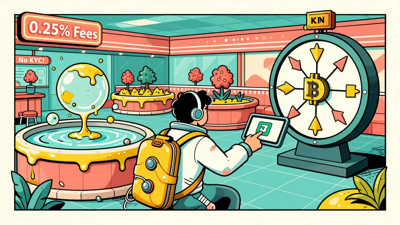 A user connecting a wallet to a giant PancakeSwap screen amid bubbling liquidity pools and spinning prediction wheels.