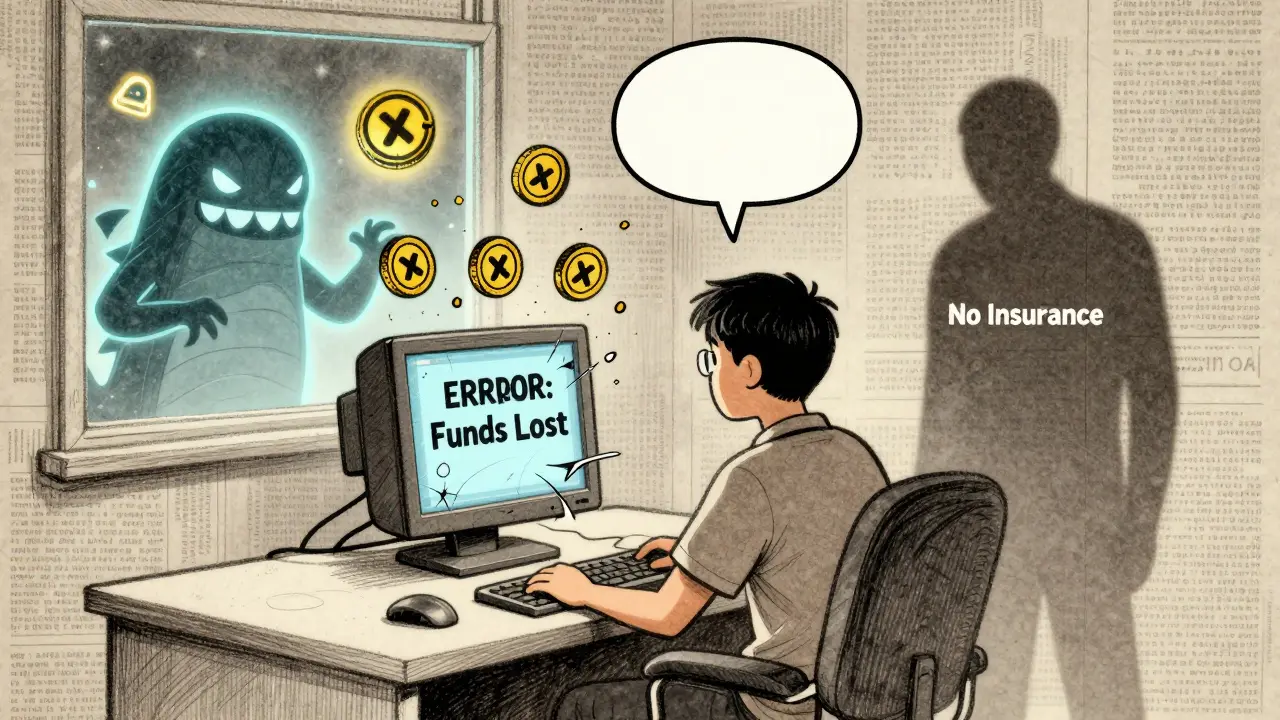 A user stares at a broken screen surrounded by fading XBASE tokens, while secure exchanges glow in the distance.
