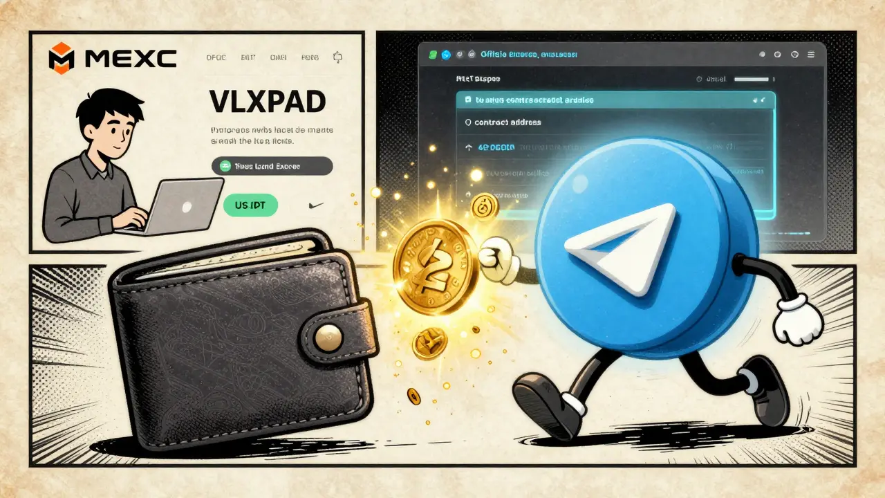 A wallet fleeing a fake Telegram airdrop portal while a trader buys VLXPAD on MEXC.