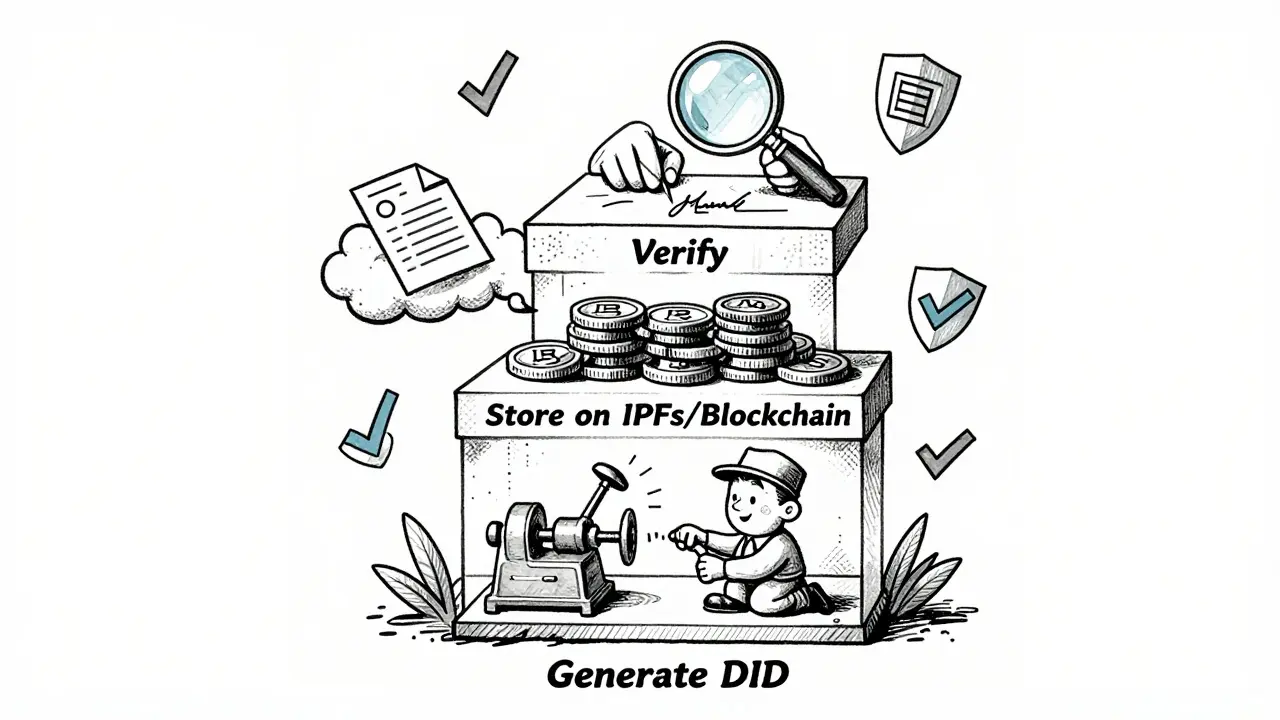 A whimsical layered tower illustrating DID generation, storage, and verification in retro cartoon art with gears and floating documents.