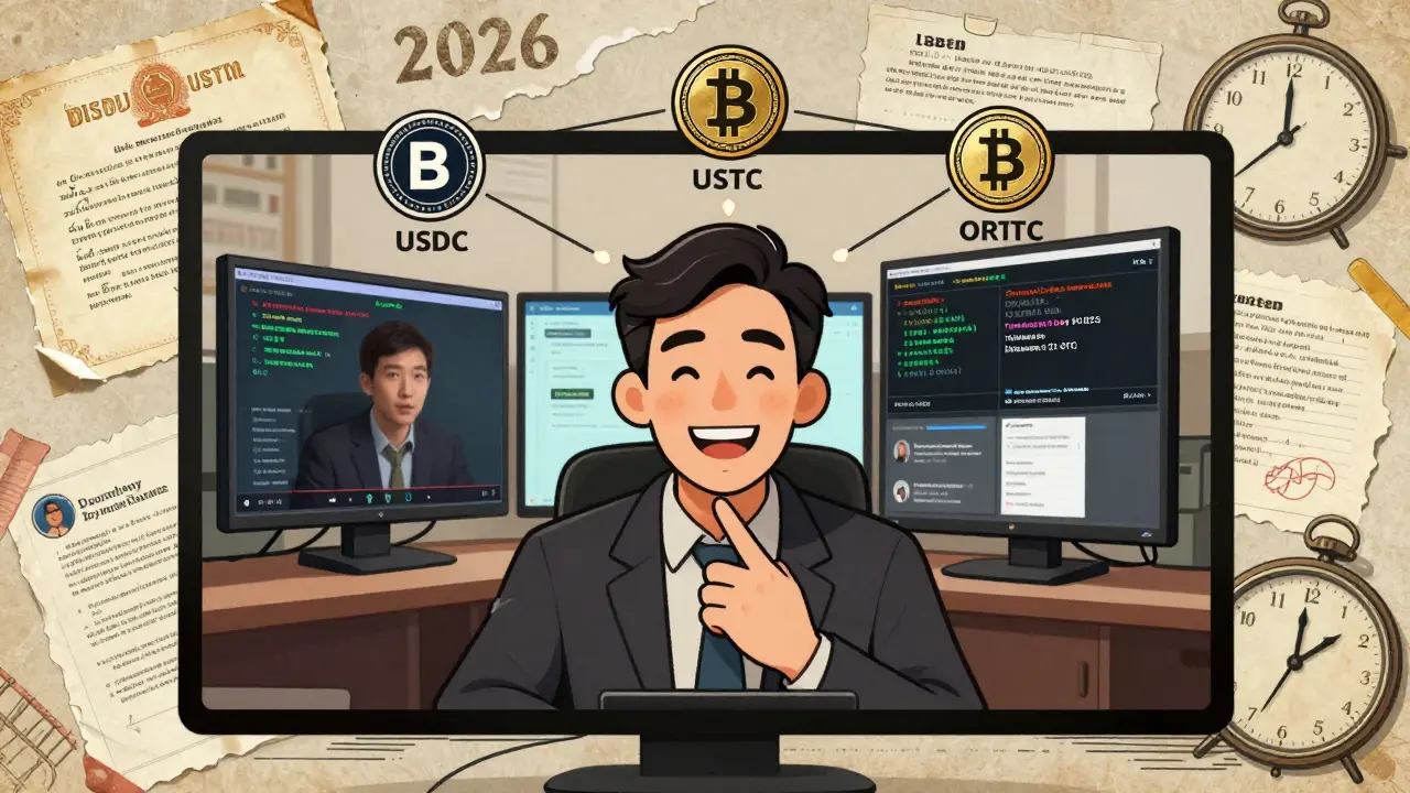 A worker uses AI deepfake during a Zoom call while real activity is monitored in Pyongyang, with stablecoins flowing to global launderers.