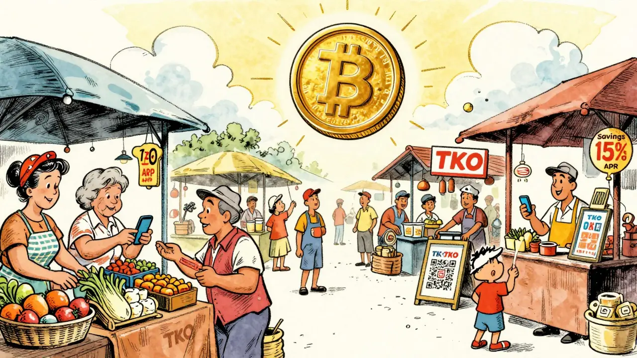 An Indonesian market accepts TKO payments, with a grandmother buying groceries and a floating TKO token shining above like the sun.