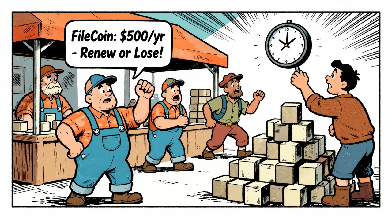 Cartoon marketplace with miners offering storage deals and a customer checking a ticking clock, representing Filecoin's recurring costs.