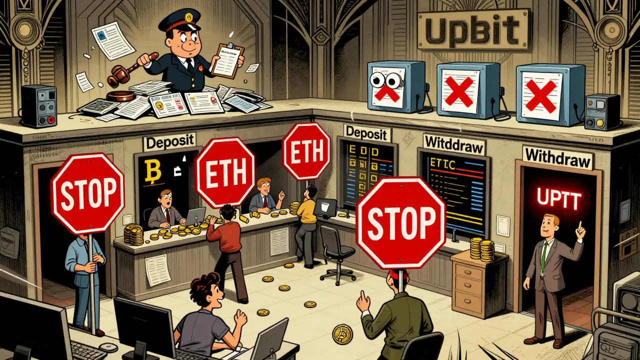 Chaotic crypto trading floor with stop signs blocking new users and regulators inspecting fake IDs in vintage cartoon style.