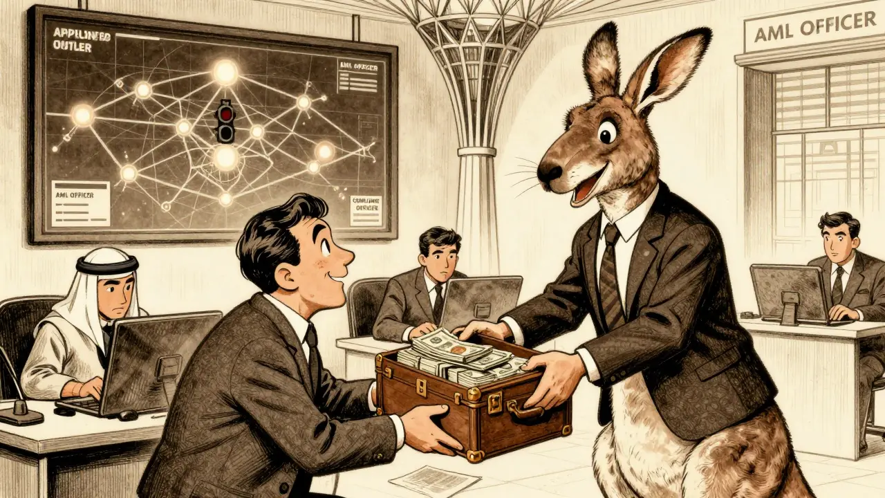 Entrepreneur hands cash to kangaroo bureaucrat in AIFC office with compliance staff nearby