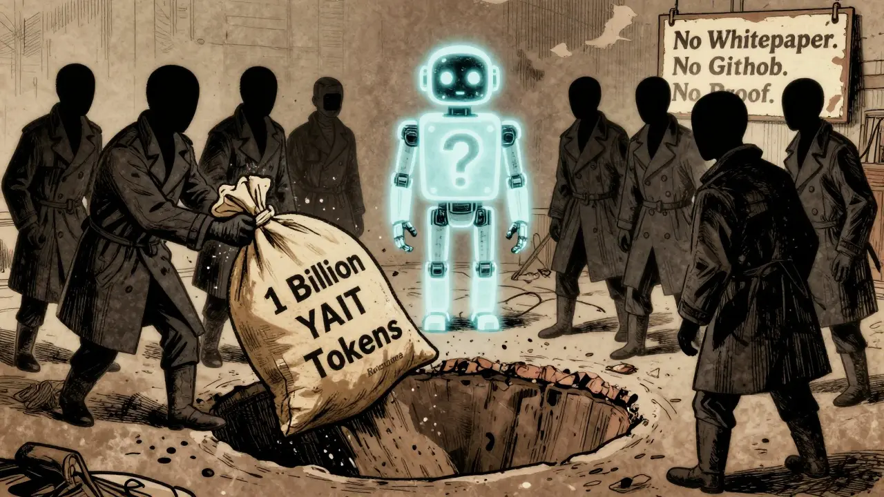 Faceless figures dump a sack of YAIT tokens into a bottomless exchange pit while an AI robot made of question marks stands idle.