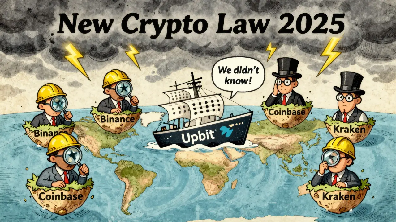 Global map showing Upbit sinking as other exchanges inspect their compliance systems, with storm clouds forming 'New Crypto Law 2025'.