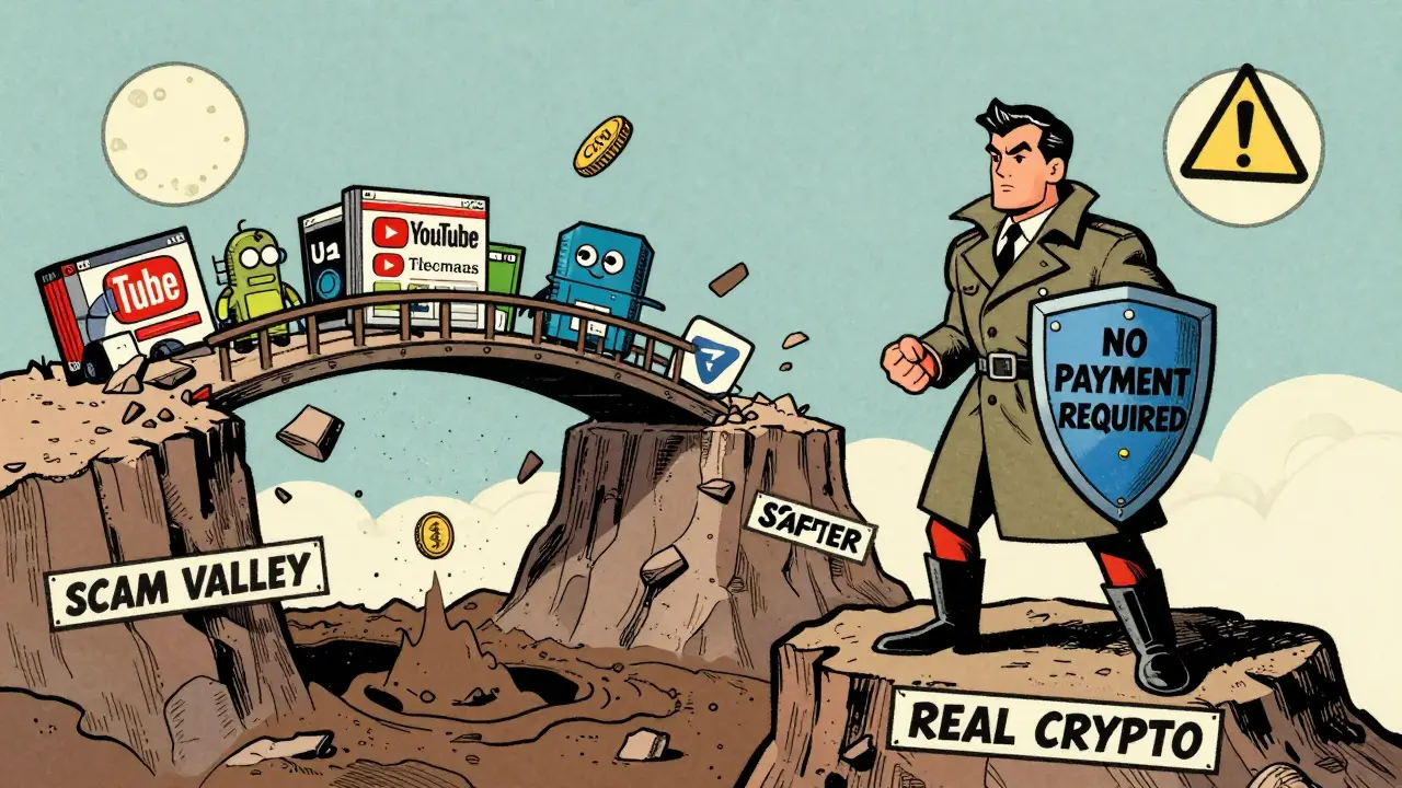 Hero standing safe on real crypto cliff as scam bridges collapse into a pit