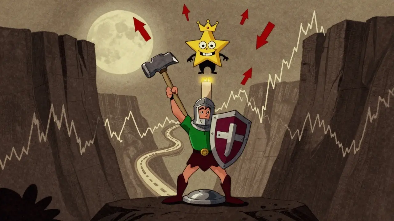 Heroic Hammer candlestick fighting falling arrows in a crypto canyon, Shooting Star villain above.