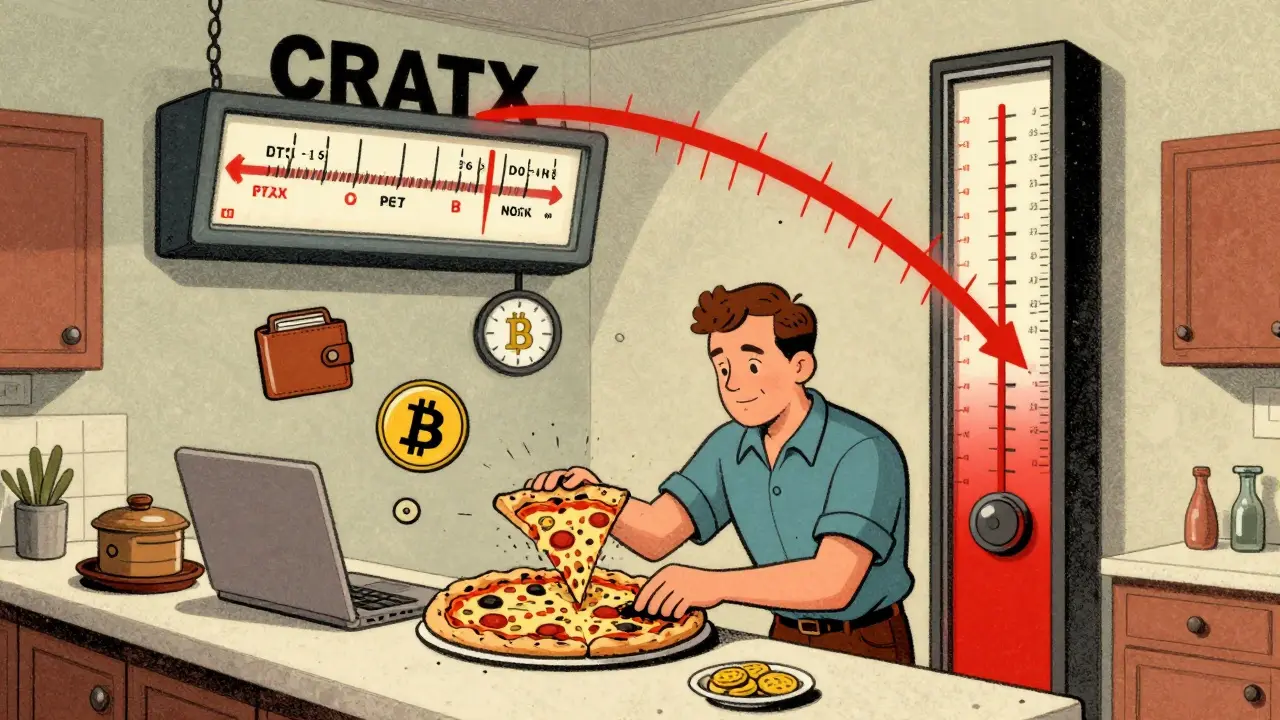 Man buys pizza with Bitcoin as a tax meter spikes red in retro cartoon style.