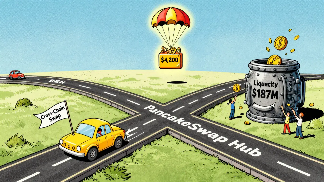 Multichain highway with CAKE-shaped car crossing into Arbitrum, dropping airdrop CAKE into a vault labeled 7M.