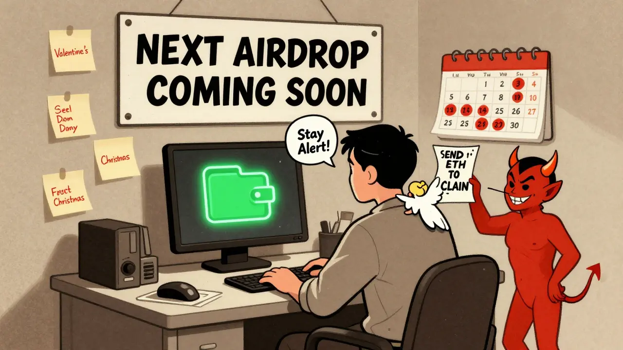 Person at desk preparing for next crypto airdrop with holiday reminders and wallet icon.