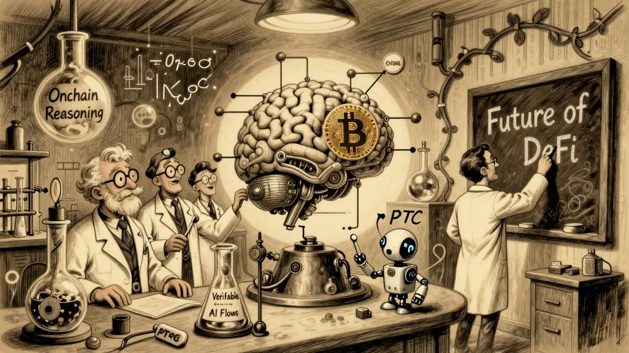 Retro laboratory with scientists feeding Bitcoin into a mechanical AI brain, surrounded by glowing labels like 'Onchain Reasoning' and 'pBTC'.