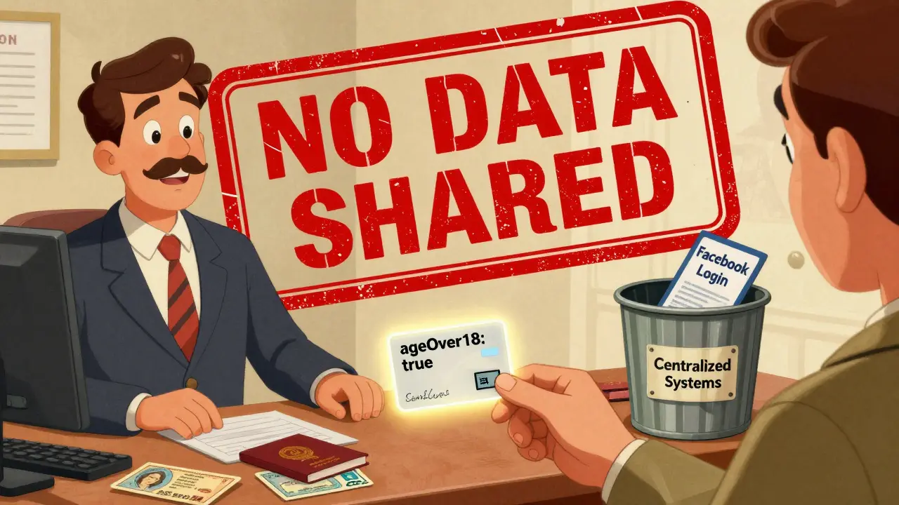 Someone presents a minimal verifiable credential to a bank teller while a 'No Data Shared' stamp looms, rejecting old identity systems.