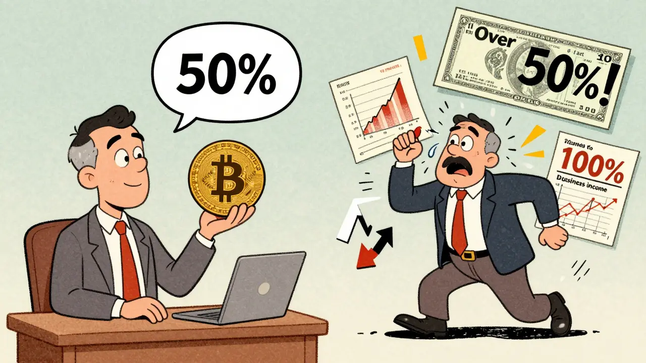 Split cartoon scene: calm investor pays 50% tax vs. frantic trader paying 100% tax on crypto gains.