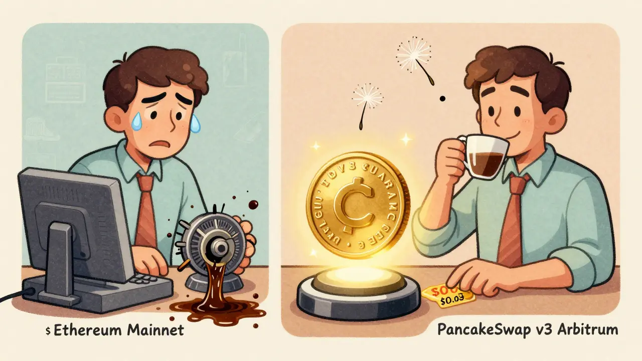Split cartoon scene: frustrated trader with  fees vs. calm trader with <h2>Why This Matters for Long-Term Users</h2>.03 fees on PancakeSwap v3.