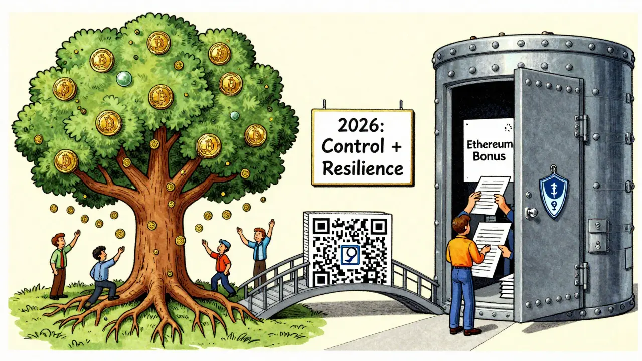 Split-panel cartoon showing public and private blockchains connected by a bridge in a 2026 hybrid future.