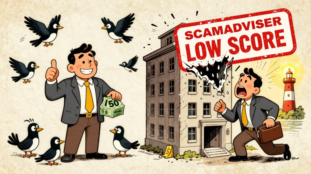 Split scene: one trader happy with , another in panic as a scam stamp crushes the exchange, vintage cartoon style.