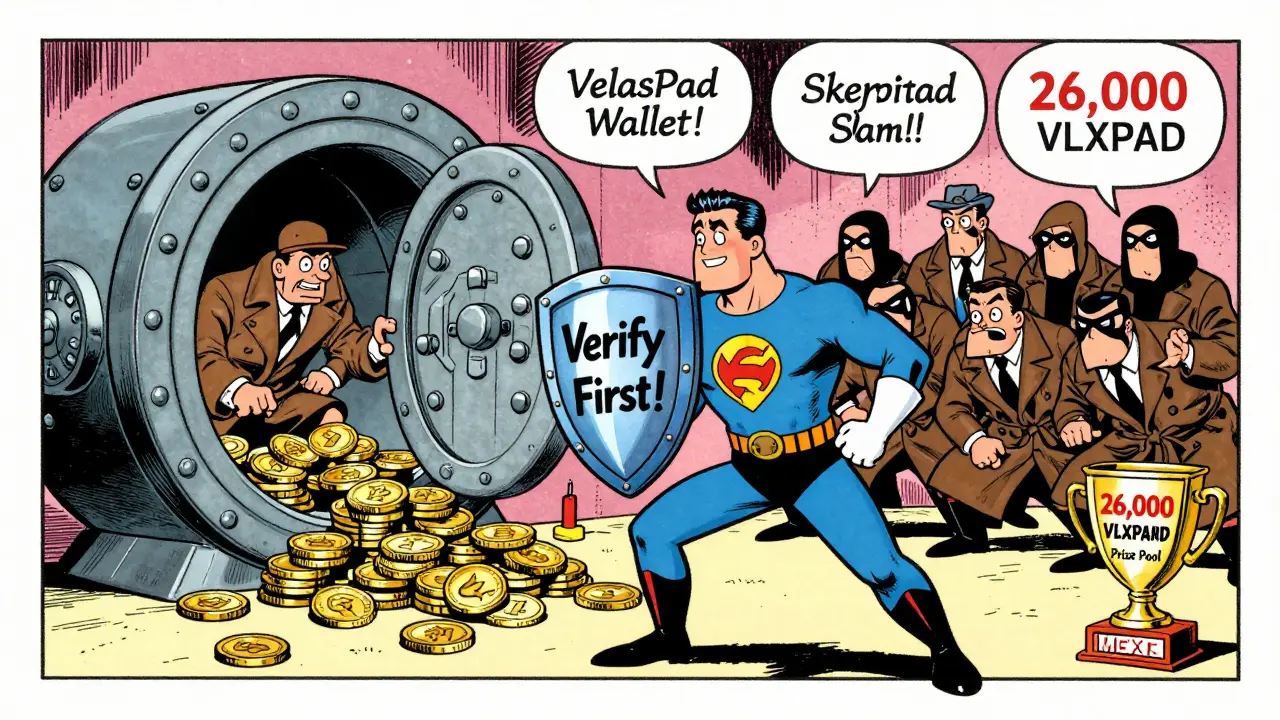 Superhero 'Skeptical Sam' blocks scammers trying to steal crypto, with real MEXC rewards in background.