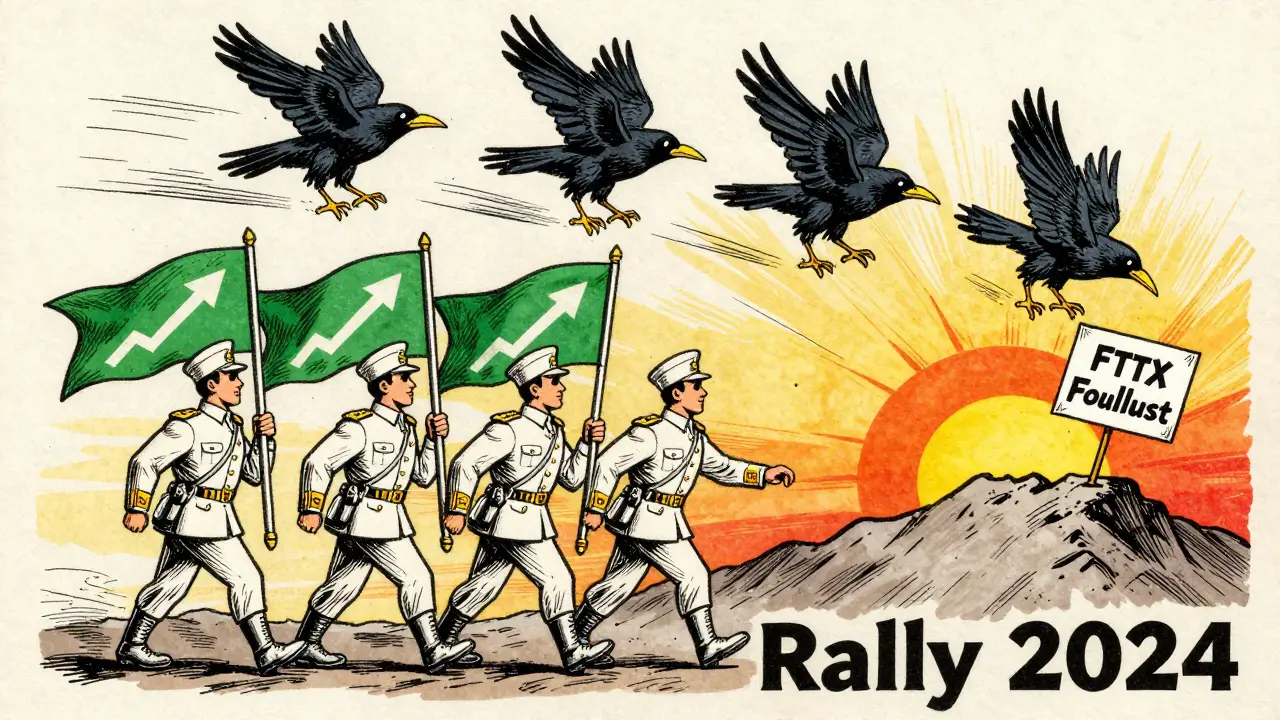 Three White Soldiers marching up a Bitcoin mountain, Three Black Crows falling behind in cartoon style.