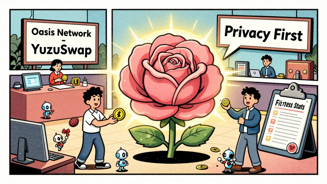 Whimsical marketplace inside a ROSE flower where users trade tokens on YuzuSwap, with robots handing out rewards.