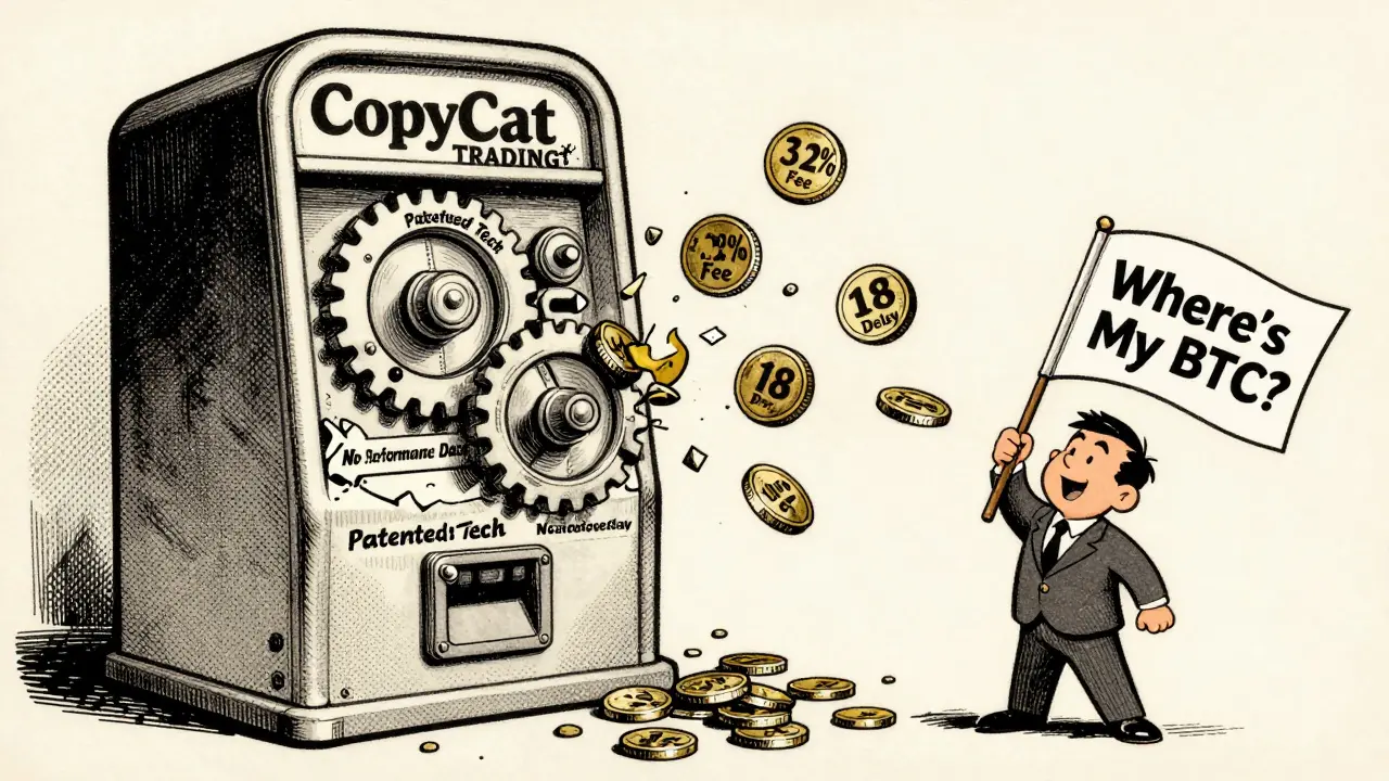 A broken CopyCat machine spitting out high fees and delayed withdrawals in retro comic style.