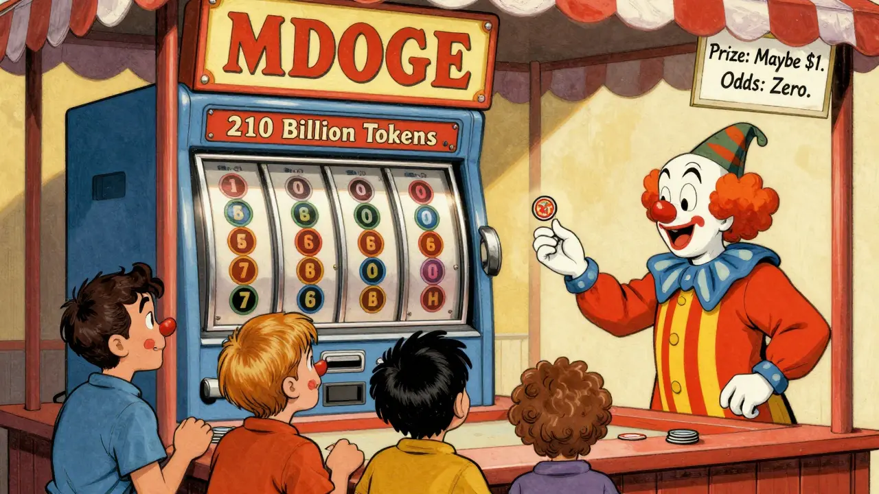 A carnival booth called 'MDOGE Lottery' offers tokens to players while a slot machine spins endlessly showing a near-zero price.