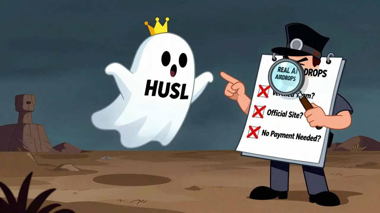 A cartoon HUSL ghost floats over an empty blockchain as a detective checks off real airdrop criteria.