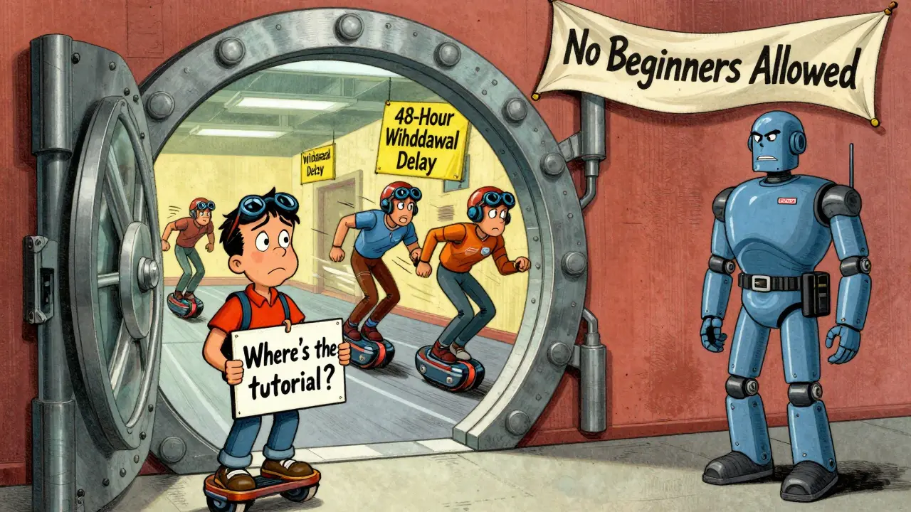 A confused beginner blocked from entering a high-tech exchange while pros race past, in exaggerated 1960s cartoon style.