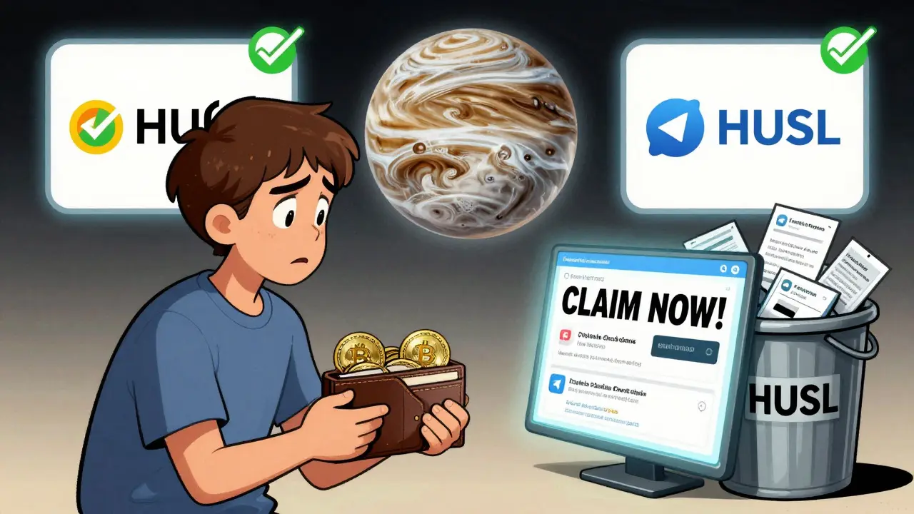 A crypto user surrounded by fake HUSL airdrop pop-ups while legitimate projects shine in the background.