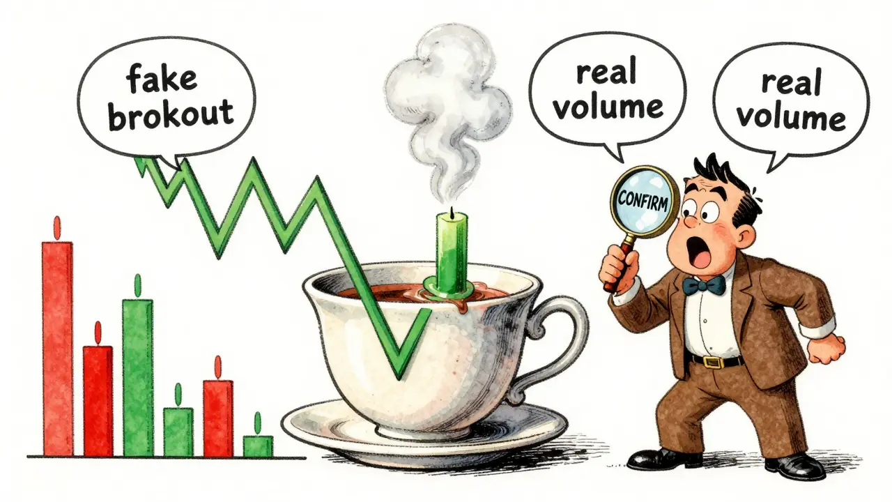 A Cup and Handle pattern as a teacup with volume as steam, a trader confirms a breakout.