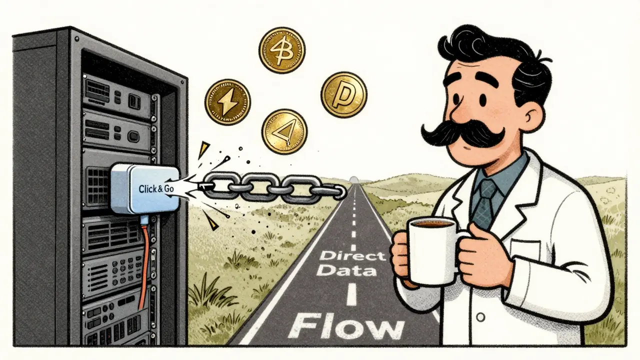 A data provider installs a tiny Airnode device as a blockchain breaks apart and a clean data highway appears.