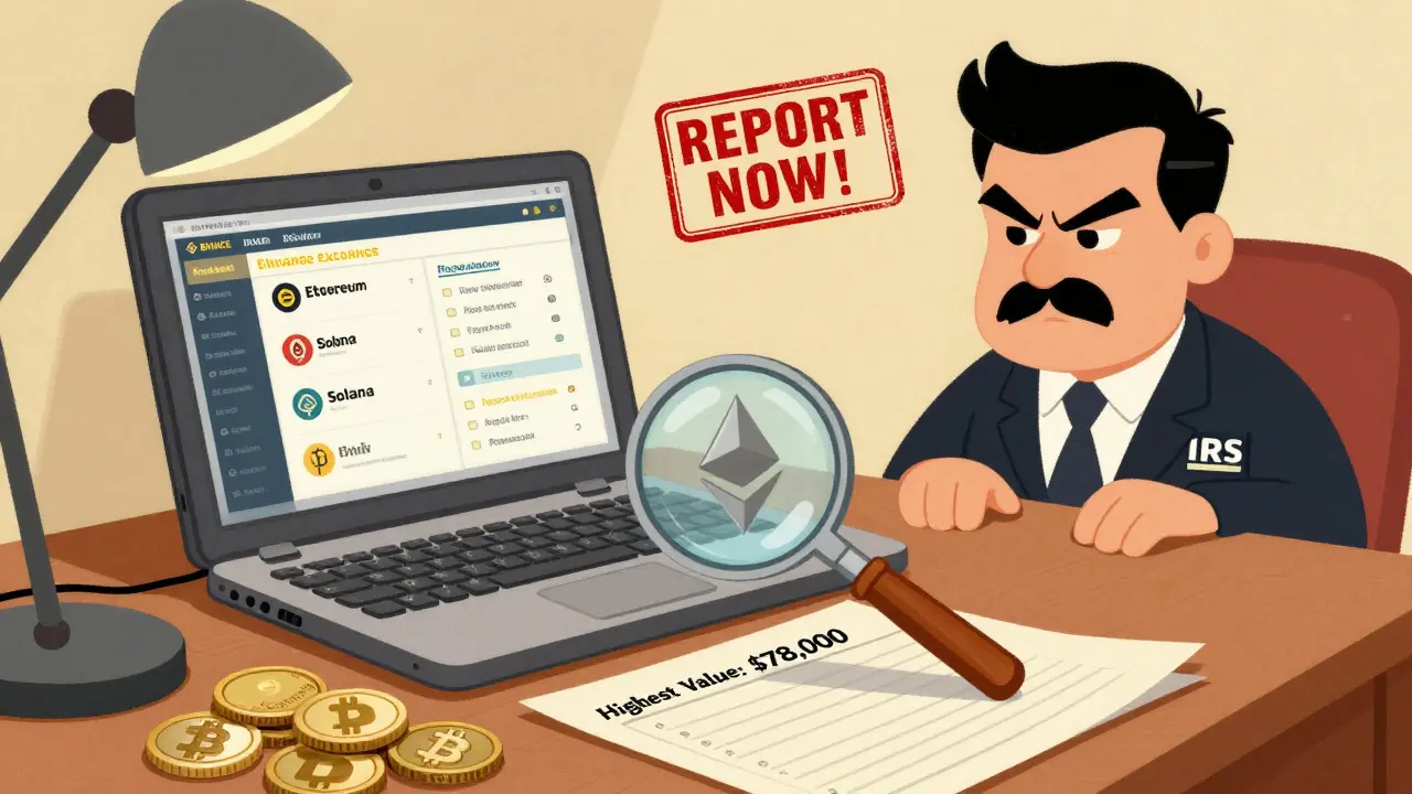 A desk with crypto exchanges, coins, and an IRS agent looming over a spreadsheet showing peak crypto value in retro cartoon style.