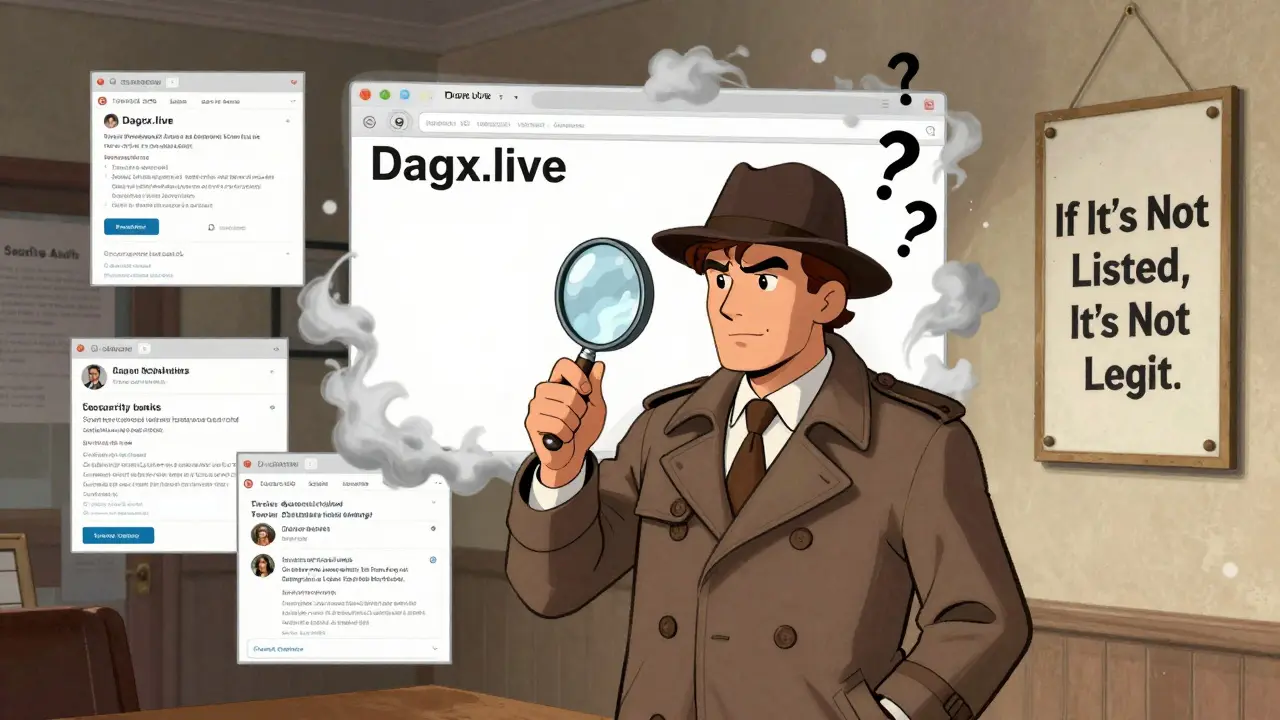A detective examining a blank webpage labeled 'Dagx.live' surrounded by signs of real exchanges and warning symbols.