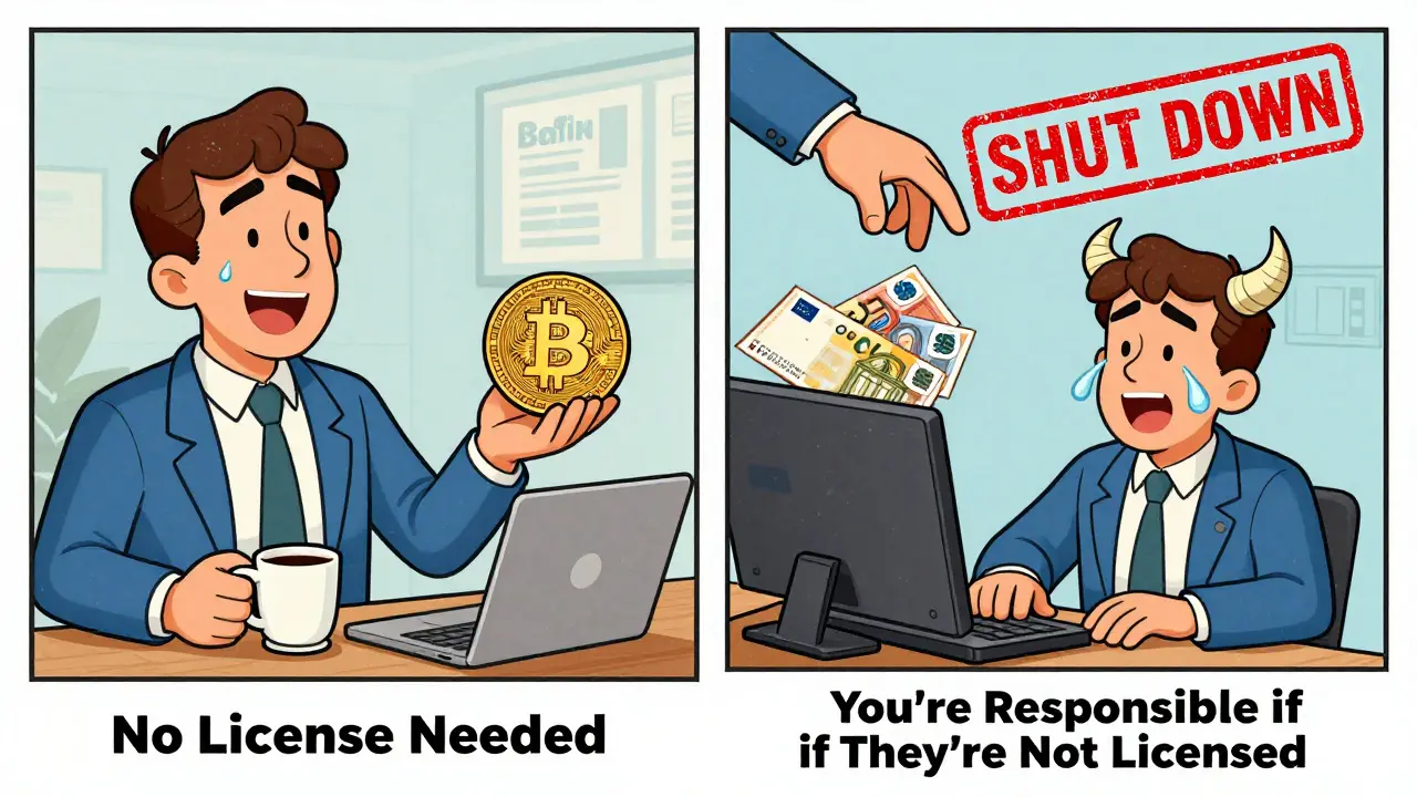 A freelancer accepts Bitcoin safely on one side, but risks shutdown via unlicensed payment processor on the other.