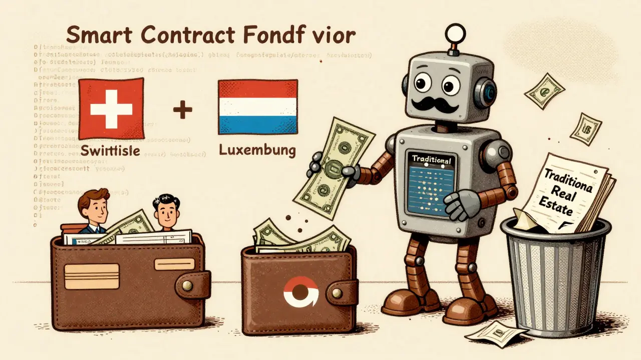 A friendly robot smart contract distributing money to wallets across countries in retro comic style.