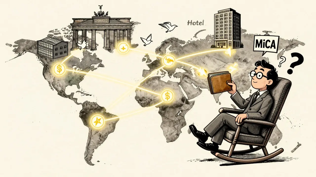 A global map with token birds flying to a wallet, surrounded by regulatory signs in vintage cartoon style.