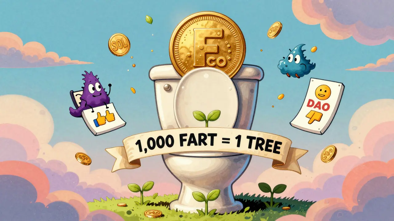A golden FARTCOIN throne floats above growing trees, surrounded by fart-themed NFTs and a DAO voting banner, in retro cartoon art.
