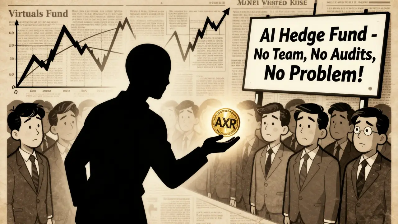 A mysterious figure hands an AXR token to confused investors under a sign mocking lack of transparency.