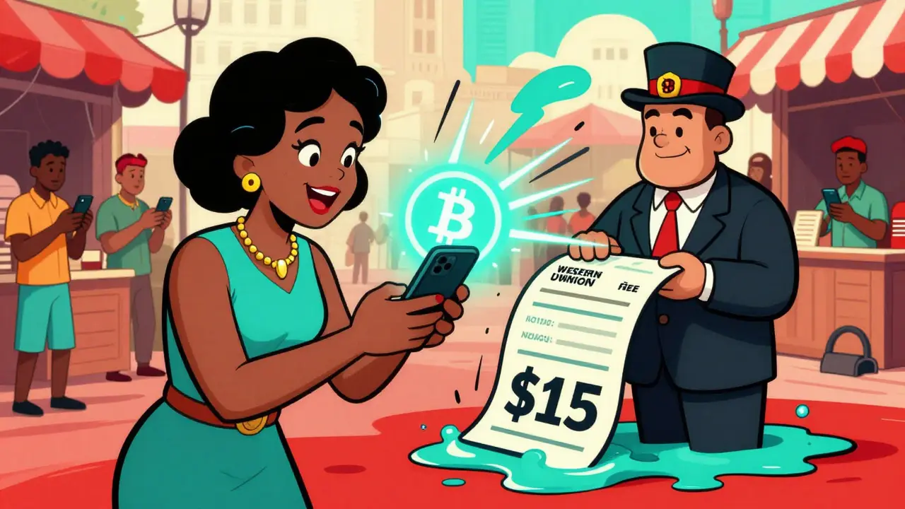 A Nigerian mother receives crypto from London as a Western Union clerk melts away in a cartoon-style scene.