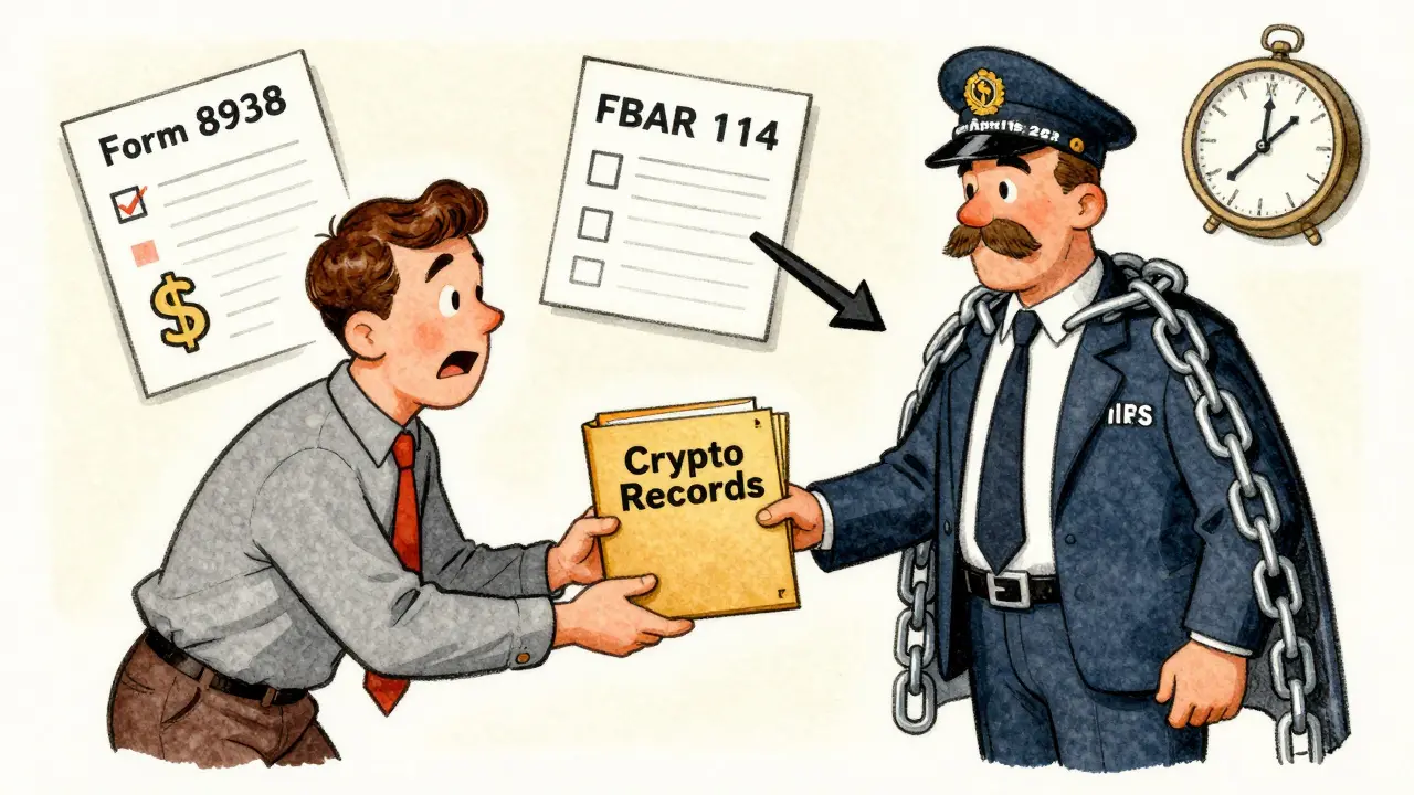 A person handing crypto records to an IRS agent while floating tax forms and penalty arrows hover nearby in vintage cartoon style.