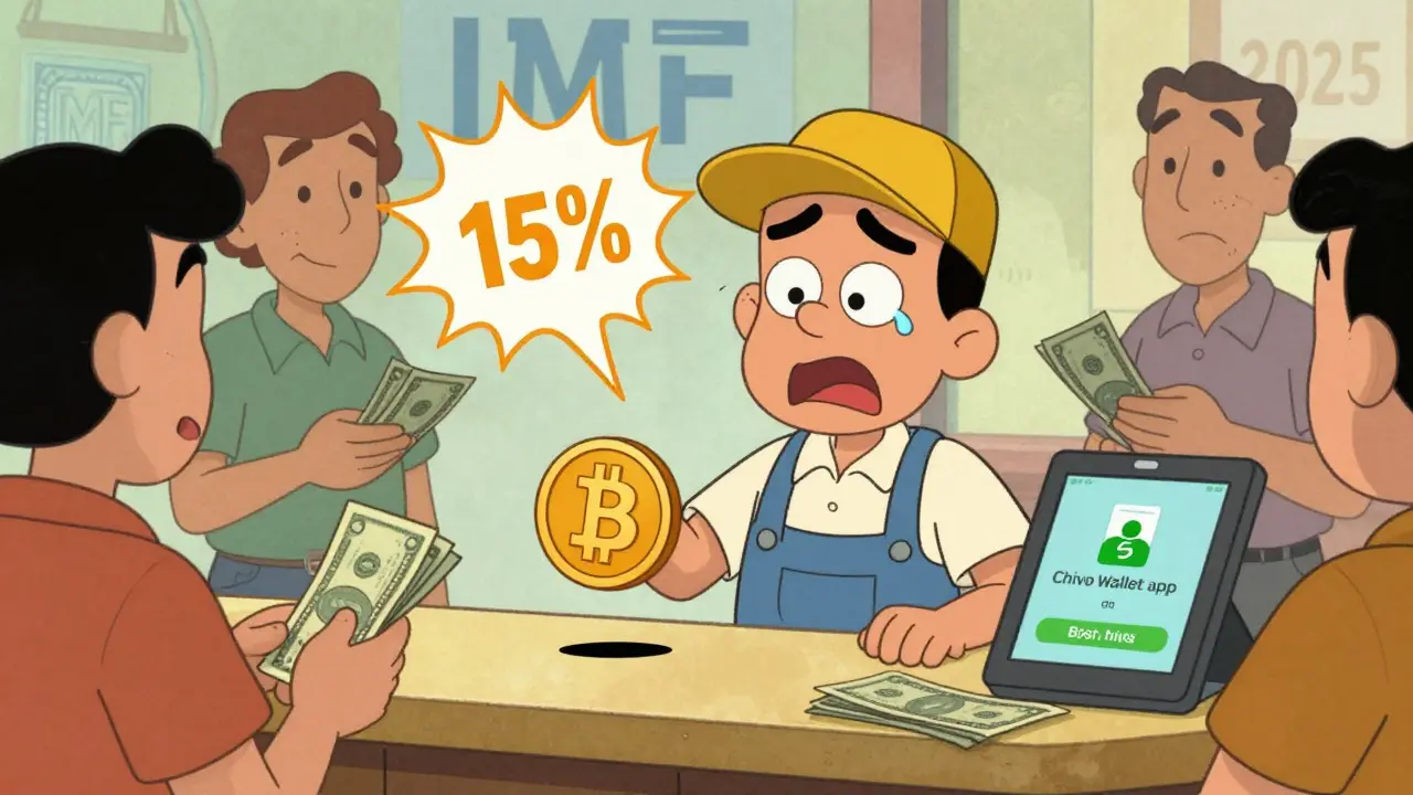 A shopkeeper panics as a Bitcoin coin plummets in value while customers pay with cash in a 1950s cartoon style.