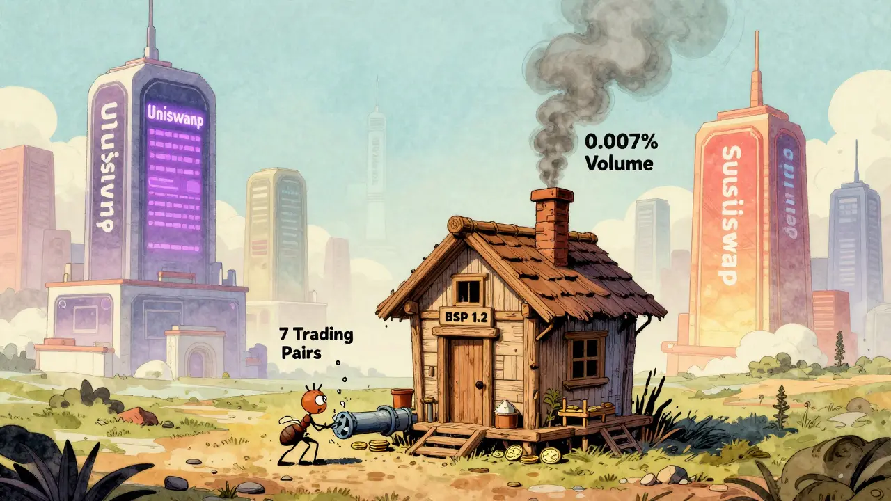 A tiny Ballswap shack dwarfed by giant crypto exchanges in a faded 1950s comic landscape.