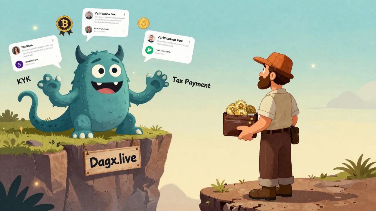 A trader at a cliff edge being pulled by fake trust signals toward a scam site, while legitimate exchanges shine safely in the distance.